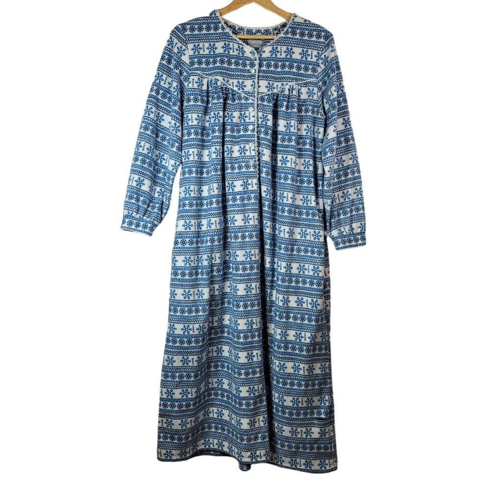 Lanz of Salzburg Fleece Robe Nightgown Blue Medium Pockets Snowflake Modest READ